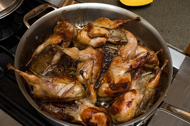 Quails browning in pan. Photo: Stewart Butterfield (Wikipedia Commons)